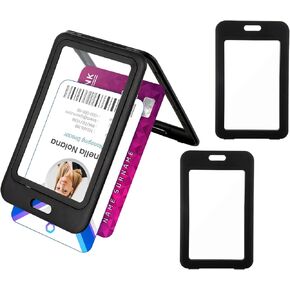 3 Pack ID Badge Holder with Double-Sided Clear Windows Hard Plastic Vertical ID Card Holder Black ID Card Case Protector for Office, School, Conference, ID Credit Card