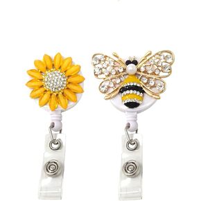 Honbay 2PCS Rhinestone Retractable Badge Holder Sunflower Bee Badge Reel ID Name Tag Holder Reel with Alligator Clip for Nurses Doctors Teachers Volunteer (2 Style)