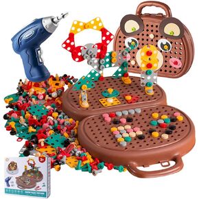 Magic Montessori Play Toolbox, 203Pcs Magic Montessori Play Toolbox Bear with Drill, 2D/3D Creativity Tool Box Montessori Toys Gift for Age 3-12 Years Old Boys Kids, Girls