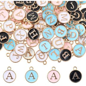 104 Pcs Alloy Alphabet Capital Initial Letter Charms 4 Color Double Sided Flat Round Metal Loose Spacer Letter Pendant for Necklace Bracelet Earring Jewelry Charms DIY
