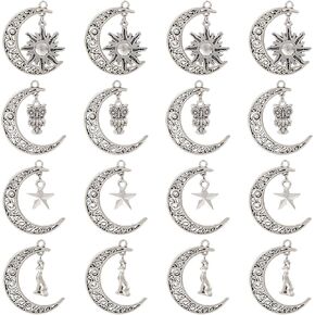 KISSITTY 20pcs Tibetan Style Moon Charms Hollow Metal Charms with Sun Star Owl Car Shape Dangles Antique Silver Moon Pendants for DIY Wind Chimes Key Chains Sun Catchers Jewelry Making