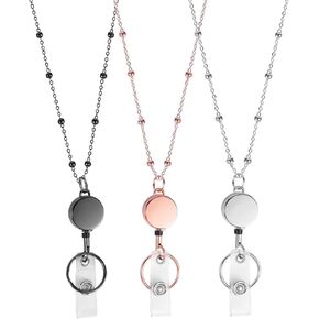 3PCS Metal Lanyards Necklace with Clips Retractable for Id Badges, Beaded Design Lanyards for Women Girls Teachers (Black, Silver, Rose Gold)