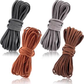 4pcs Suede Leather Cord, 3mm x 5.5 Yard Faux Leather String Strips, Flat Leather Crafting Rope Thread for DIY Shoes Laces Bracelets Necklaces Earrings Beading Jewelry Hair Accessories