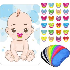 Outus Pin The Pacifiers on The Baby Game, Baby Pacifier Game Poster Come Extra with Pacifiers and Eye Masks for Baby Shower Party Kids Birthday Party Supplies
