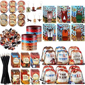 140 أجهزة كمبيوتر غرب رعاة البقر الحفلات تفضل Cowboy Goodie Bags keychain wristbands شارات ملصقات الحصان مؤلفات الرصاص لحفلة عيد الميلاد