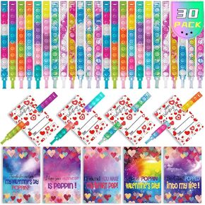 30 Pack Valentines Day Gift Cards for Kids Classroom, Pop Fidget Bracelets Stress Relief Sensory Toy School Classroom Gifts Exchange Valentines Party Favors