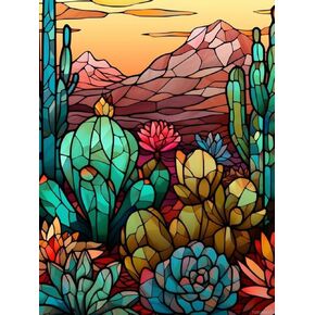 TUTUMAY21 Cactus Diamond Painting, Stained Glass Diamond Art Craft Kits for Adults, Plant Round Full Drill Diamond Paintings Gem Art, for Home Decor Wall Decor 12x16 inch