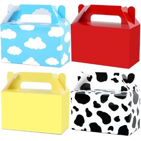 24Pcs Cartoon Story Birthday Party Favor Boxes for Toy Inspired Game Story Party Decorations Cow Print Sky Blue Cloud Treat Boxes Toy Party Goodies Boxes for Kids Baby Shower Party Supplies 5.9×5.9×3