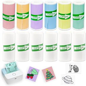 12 Rolls Self-Adhesive Mini Printer Sticker Paper - 6 White & 6 Vibrant Colors for M02/T02 Printers (Remove Inner Paper Holder), Thermal Sticker Paper for Photos, Lists, Study Notes & Scrapbooking