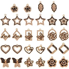 Rhinestone Valentine's Day Charms Black Enamel Rose Flower Heart Butterfly Crystal Pendants for DIY Necklace Bracelet Earrings Jewelry Making Crafts
