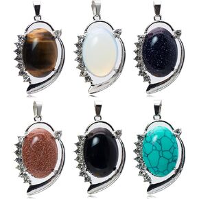 Crystal-Accented Natural Stone Pendant Necklace Set – 6 Oval Gemstone Colors Charms for Jewelry Making Earrings