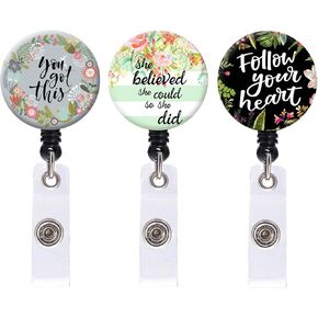Nurse Badge Reel, Retractable ID Card Badge Holder with Alligator Clip, Name Nurse Decorative Badge Reel Clip on Card Holders, She Believed She Could So She Did, 3 Pack