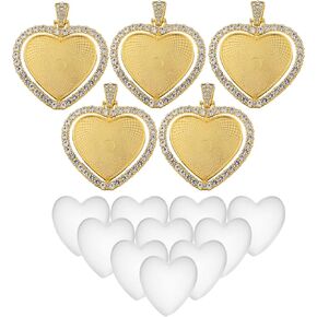 5 Set Rhinestone 30 mm Double-sided Heart Shaped Pendant Tray Set with 10 Piece Clear Cabochon for Photo Pendant Jewelry Craft DIY Making (Gold)