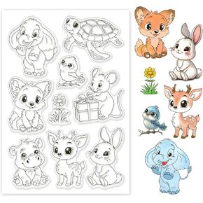 GLOBLELAND Cartoon Animals Clear Stamps Rabbit Elephant Turtle Bird Deer Silicone Clear Stamp Seals Flower Gift Transparent Stamps for DIY Scrapbooking Cards Making Photo Album Journal