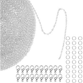 33 Feet Necklace Chains Stainless Steel Chains for Jewelry Making, DIY Link Chain with 20 Lobster Clasps and 30 Jump Rings (Silve, Wide 1.5 mm)