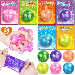 24 Pack Valentines' Day Cards for Kids, Valentines' Cards with Squeeze Balls, Stretchy Toy for Classroom School Valentines' Gifts Exchange, Valentines' Party Favor Prizes for Boys Girls
