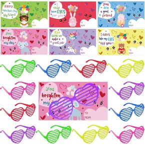 30 Pack Valentines Day Gifts for Kids, Valentines Day Cards for Kids with Plastic Heart Shutter Shaped Glasses Valentine School Classroom Prizes Exchange Gifts Party Favors Supplies