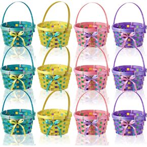 Yulejo Easter Woven Bamboo Basket Round Small Woven Basket with Handle Buckets for Easter Egg Hunt Picnic Party Supplies Birthday Decoration(12 Pieces, Classic)