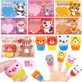 Valentines Day Gifts Cards for Kids, 28 Pack Kawaii Animals Squeeze Toys with Greeting Cards for Kid Classroom Exchange Prizes, Stretchy Toy Balls Bulk Gift, Squeeze Relief Fidget Toys for Party Favor