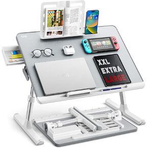 Laptop Bed Tray Desk, SAIJI X-Large Adjustable Laptop Table, Foldable Laptop Desk with Storage Drawer and Bookstand for Eating, Working, Writing, Gaming, Drawing (Black)
