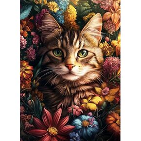 MEIYUDA Cat Diamond Painting Kits for Adults, 5D DIY Flowers Cat Diamond Art for Adult Beginners, Round Full Drill Crystal Craft Kits for Home Walls Decoration and Presents 12x16inch
