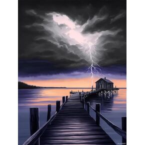 PUAGEMTI Diamond Painting Adult DIY Lightning Scenery Diamond Painting Kits Sea Hut Round Full Diamond Art Painting Beginner Kits, Gem Art Office Decor Cross Stitch 12x16 inch