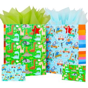 12.6" Large Gift Bag for Baby Boy Girl Kids with Tissue Paper and Greeting Card,2pcs Dinosaur Paper Gift Bags with Handles for Christmas,Birthday,Baby Shower,Party,Any Occation