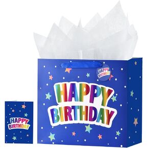Reusable Blue 13" Large Birthday Gift Bag with Card and Tissue Paper, Perfect for Birthday Gift Wrapping