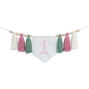 Girl 1st Birthday High Chair Banner - Greenery Birthday Decoration, Light Pink Girl's Birthday, Yarn Tassel Garland, Cake Smash Backdrop Banner,Spring Colours Garland (Pink Tassel)