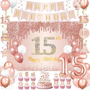 15th Birthday Decorations for Girls Rose Gold Happy 15th Birthday Banner Backdrop Latex Balloons Number 15 Foil Balloons Cake Topper Cupcake Toppers Hanging Swirls for 15 Year Old Party Supplies