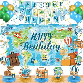 Travel Party Decorations Set Let the Adventure Begin Banner Hanging Swirls Adventure Awaits Honeycomb Centerpiece Balloons for Travel Birthday Baby Shower Graduation Retirement Farewell Party