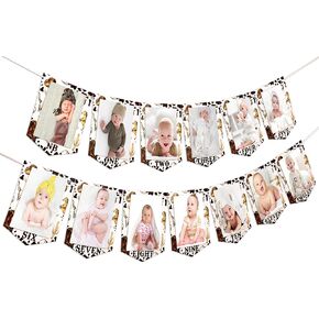 1st Birthday Photo Banner for Western Cowboy from Newborn to 12 Months, Brown Monthly Milestone Photograph Rustic Bunting Garland, First Rodeo Birthday Party Decorations Supplies