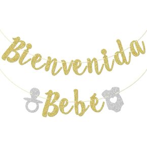 Bienvenida Bebe Banner, NO-DIY Welcome Baby in Spanish Banner, Mexican Baby Shower Decorations for Baby Girl, Mexican Welcome Baby Party Decor, Gold and Silver Glitter