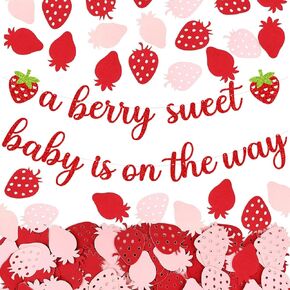 Strawberry Baby Shower Decorations a Berry Sweet Baby Is On The Way Banner with Strawberry Confetti for Strawberry Party Decoration Berry First Birthday Gender Reveal Party Supplies (Red)