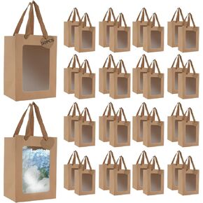 JIABEIUS 50 Pcs Kraft Paper Gift Bags with Window, Clear Gift Bags with Handles and 50Pcs Tag, 9.84 x 7.0 x 5.12 Inch Brown Shopping Pocket for Birthday Wedding Festival Party Present Wrapping