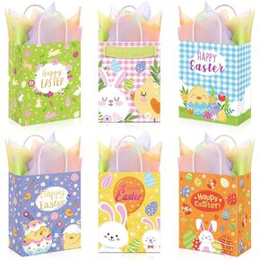 Capoda 30 Pcs Easter Gift Bags with 30 Pcs Tissue Paper Easter Bunny Egg Hunt Kraft Paper Treat Candy Bags with Handle for Kids Spring Favor Party Gift Wrapping