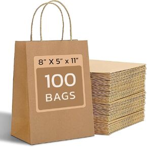 Recykraft 100pcs 8x5x11 بوصة أكياس ورقية بنية كبيرة مع مقابض ، وأكياس الورق Kraft ، وأكياس الهدايا البنية مع مقابض كبيرة لعيد الميلاد ، وصالح الحفلات ، والبقالة ، والتسوق ، والتجارة ، وتجارة التجزئة ، والأعمال التجارية الصغيرة