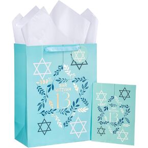 Loveinside Gift Bag with Tissue Paper, Gift Tag and Greeting Card for Bar Mitzvah, 13th Birthday, Party, and More - 10" x 5" x 13", 1 Pcs, Pink Star of David