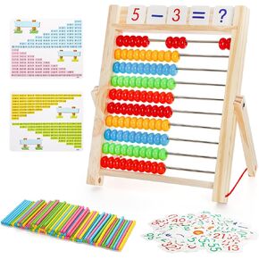 Suwimut Wooden Abacus for Kids Math with Counting Sticks and Number Toys Cards 1-100, 10-Row Wooden Frame Abacus with Multi-Color Beads, Preschool Math Learning Toys for Boys Girls Age 3+ Years Old