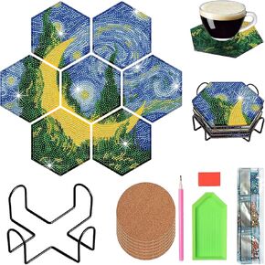 GOMKLNMO 7 PCS DIY Starry Night Diamond Art Painting Coasters Kits - Diamond Art Hexagonal Coasters with Holder for Adults Beginners - Non Slip Coaster - Small Diamond Painting Kits (Hexagon)