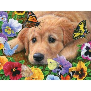Bits and Pieces – Large 300 Piece Jigsaw Puzzle for Adults – Butterflies, Baby! - Golden Retriever Jigsaw Puzzle by Bridget Voth, Completed Puzzle Size: 18" x 24"