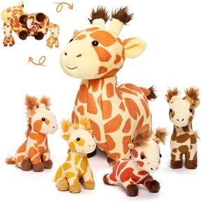 OUOZZZ Giraffes Stuffed Animals with Babies Inside Plush Toys Set Mommy and 4 Little Giraffes Babies - Gift Present Toys for Girls Boys Kids Toddler Infant