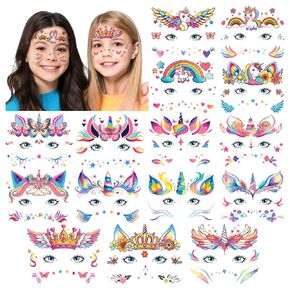 Partywind Face Temporary Tattoos for Girls, Waterproof Fake Tattoos for Kids Party Supplies Favors, Face Tattoos for Children Birthday Party Games, Special Party Goodie Bag Stuffers Fillers