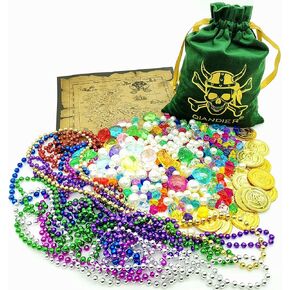 Qiandier 328pcs Pirate Treasure Jewels Bags Party Favors Supplies Acrylic Gems Multicolor Diamonds Gold Coins Assorted Colors Beaded Necklace Treasure Map Playset Pirates Party Decor