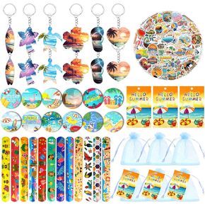 110 PCS Swimming Pool Beach Party Favors Hawaiian Goodie Bags with Keychains Stickers Slap Bracelets and Bags for Summer Themed Birthday Party Hawaiian Aloha Party