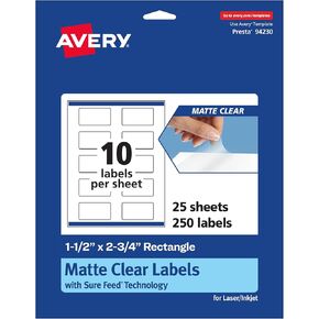 Avery Matte Clear Rectangle Labels with Sure Feed, 1.5" x 2.75", 100 Matte Clear Labels, Print-to-The-Edge, Laser/Inkjet Printable Labels