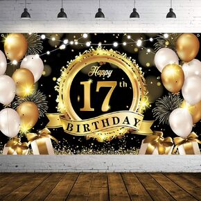 Happy 17th Birthday Decoration Backdrop Banner Black Gold Extra Large Fabric Birthday Sign Poster Photography Background 17 Year Birthday Party Decorations Supplies Indoor Outdoor, 72.8 x 43.3 Inch
