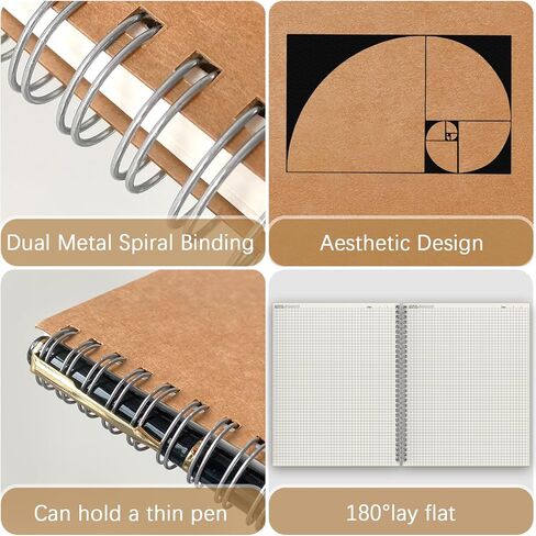 A4 Graph Paper Notebook, 2 Pack Large Spiral Grid Notebook, 200 Pages 100gsm Thick 5mm Square Paper Quad Notebook for Engineering, Math, Taking Notes, Drawing - Kraft Brown Cover, 8.5" x 11" in Kuwait