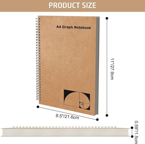 A4 Graph Paper Notebook, 2 Pack Large Spiral Grid Notebook, 200 Pages 100gsm Thick 5mm Square Paper Quad Notebook for Engineering, Math, Taking Notes, Drawing - Kraft Brown Cover, 8.5" x 11" in Kuwait
