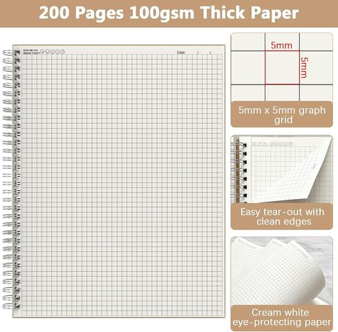 A4 Graph Paper Notebook, 2 Pack Large Spiral Grid Notebook, 200 Pages 100gsm Thick 5mm Square Paper Quad Notebook for Engineering, Math, Taking Notes, Drawing - Kraft Brown Cover, 8.5" x 11" in Kuwait